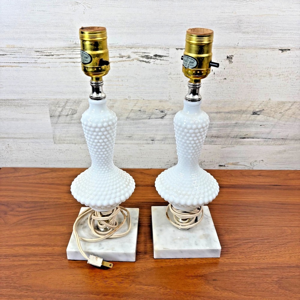 Vintage Leviton Milk Glass Table Lamp with Marble Base Brass Socket Qty 2  12"